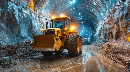 Heavy construction bulldozer working in a tunnel excavation site