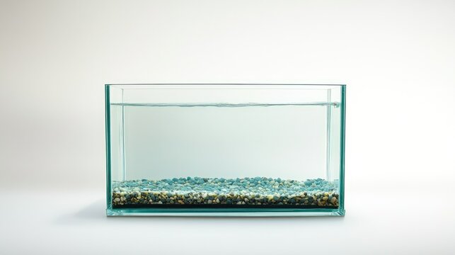 A clear glass fish tank aquarium, completely empty, set against a simple white background.