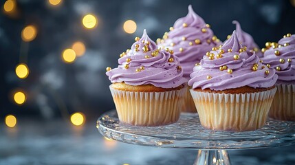 Homemade cupcakes topped with fluffy purple whipped cream and golden sprinkles, placed on a glass dessert stand with fairy lights in the background.