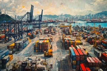 An Aerial View of a Busy Shipping Port with Cargo Containers and Cranes