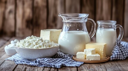 Homemade dairy products, including milk, cottage cheese, and butter, set on a rustic kitchen counter with natural lighting, ideal for promoting healthy eating