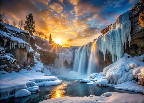 Frozen waterfalls icy cavern misty warm dawn light majestic natural wonder