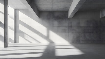 Obraz premium A minimalist concrete architecture scene featuring grey tones and geometric shadows in an empty industrial space, emphasizing sunlight streaks and brutalist design elements.