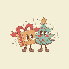 Cute illustration of retro style christmas gift box next to christmas tree