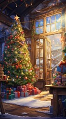 Fototapeta premium 90s anime christmas plant architecture illuminated.