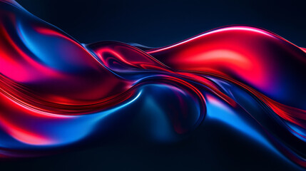 Fluid 3D waves in bold red and blue contrasts, rippling across a dark background with smooth, flowing shapes and intricate light reflections creating a dynamic composition.