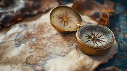 A well-worn map and compass, symbols of countless journeys and discoveries