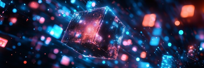 Abstract futuristic background with cubes in space, glowing and sparkling elements