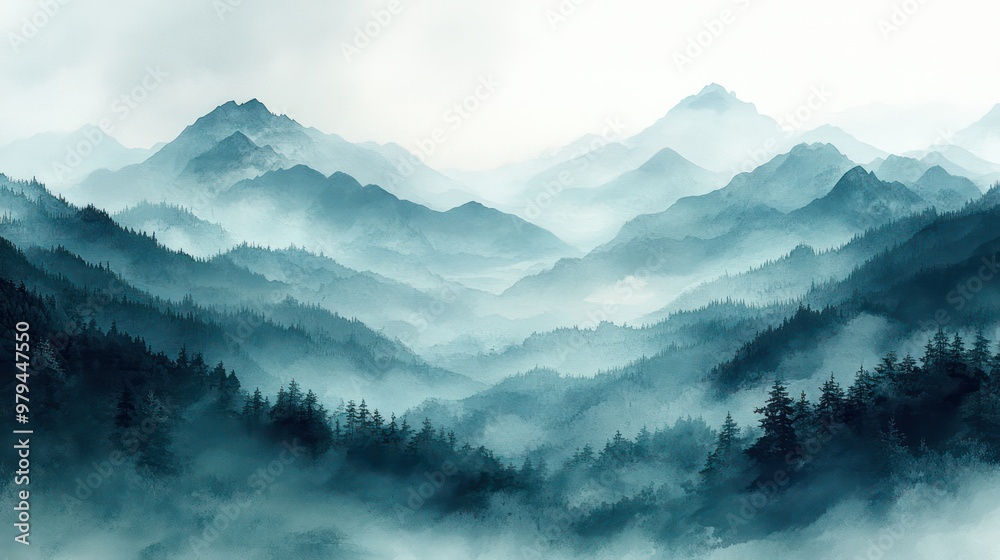 Aufkleber the mountains are covered in trees and the sky is cloudy