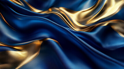 Fototapeta premium Fluid waves of silk in deep royal blue and gold, flowing in abstract folds with soft reflections and a luxurious, elegant texture.