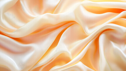 Obraz premium Fluid waves of silk in pastel tones of peach and light yellow, creating an abstract, flowing background with gentle folds and soft shadows.