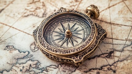 Close-up of a compass with intricate engravings, lying on a map with faded ink lines