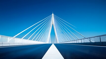 Obraz premium A modern cable-stayed bridge under a bright blue sky, characterized by white suspension cables and a symmetrical design, highlighting its architectural beauty in a sunlit environment.