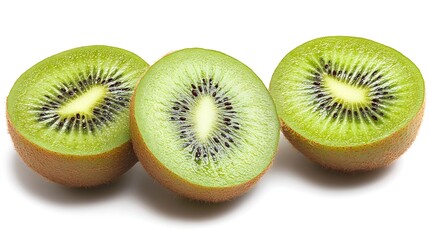 Fototapeta premium Freshly sliced kiwi fruit on a white background, showcasing its vibrant green color and juicy texture, perfect for a healthy dessert or snack