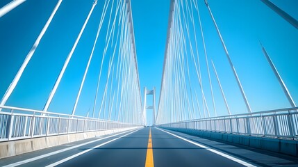 A modern cable-stayed bridge under a bright blue sky, characterized by white suspension cables and a symmetrical design, highlighting its architectural beauty in a sunlit environment.