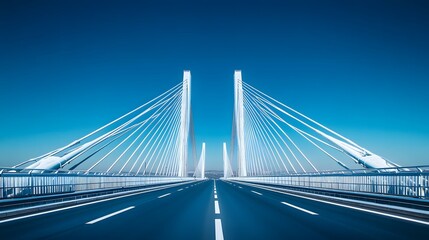 Fototapeta premium A modern cable-stayed bridge under a bright blue sky, characterized by white suspension cables and a symmetrical design, highlighting its architectural beauty in a sunlit environment.