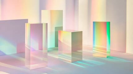 Geometric prisms refract soft, pastel rainbow colors, casting delicate shadows of pink, green, and purple across a smooth, minimalist white backdrop.