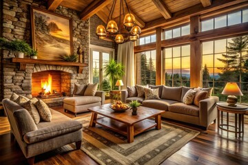 soft warm golden hour lighting illuminates cozy intimate living room setting rustic natural materials warm textures inviting atmosphere increasing home sale appeal