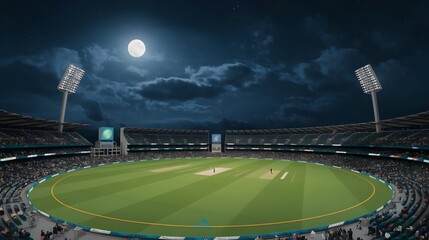 A vector depiction of a cricket stadium under a full moon. Looking forward to a busy evening game on gorgeous green fields.
