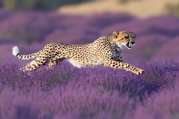 Obraz premium Cheetah racing across lavender plains 
