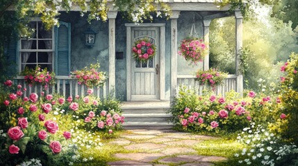 Charming house entrance adorned with vibrant flowers, creating a serene and inviting garden atmosphere.