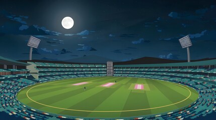 A vector depiction of a cricket stadium under a full moon. Looking forward to a busy evening game on gorgeous green fields.
