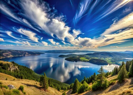 Stunning lake-to-sky panoramic view from Mt. Boucherie, featuring endless blue, rolling hills, and wispy clouds, captured through high-dynamic-range imaging and cropped sensor camera.