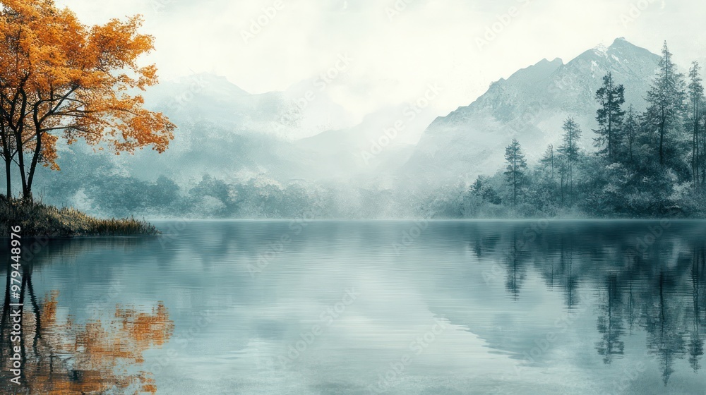 Poster a serene lake with a tree on the shore and mountains in the background