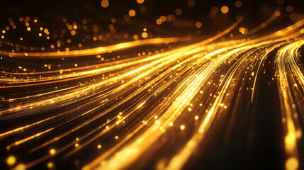 Glowing golden light trails cutting through a dark background, forming dynamic lines and abstract patterns.
