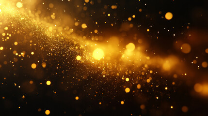 Glowing golden particles floating in a dark void, with soft light flares and a warm, mysterious atmosphere.
