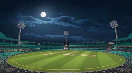 A vector depiction of a cricket stadium under a full moon. Looking forward to a busy evening game on gorgeous green fields.
