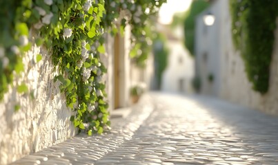 Charming European alleyway, cobblestone path, quaint buildings, vibrant flower boxes, serene ambiance, inviting atmosphere, peaceful retreat