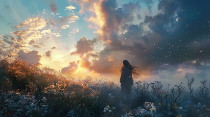 A lone woman stands in a field of wildflowers, silhouetted against a stunning sunset sky. The wind blows her hair, and the golden light illuminates the clouds above.