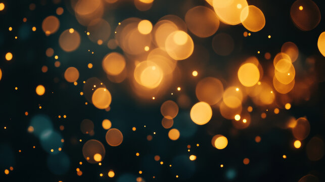 Golden glowing bokeh lights softly blurring into the distance against a dark background, creating a peaceful, warm atmosphere.