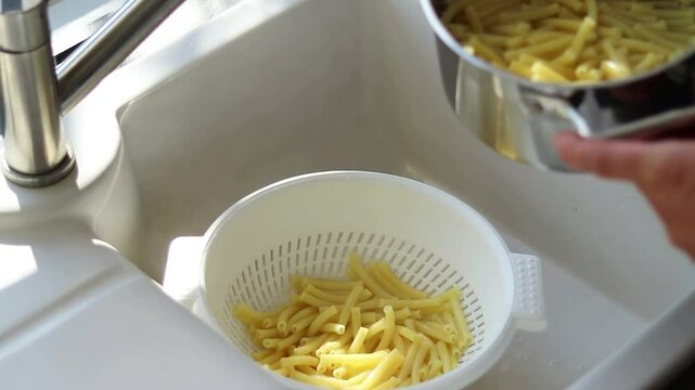 Male hands pouring cooked pasta into a colander, white kitchen sink and blurred background 