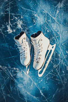 close up ice skates on the frozen blue ice