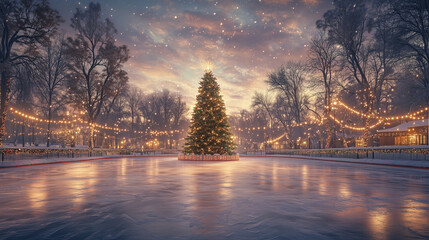 christmas tree with garlands in the center of outdoor city rink
