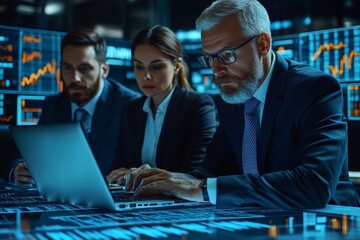 Business professional analyzing data on a laptop with a futuristic digital graph overlay.