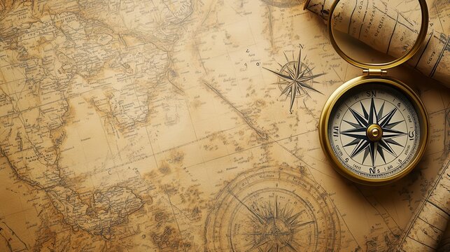 Compass and map with a background of old sailing charts and navigation logs