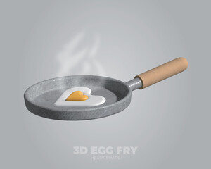 Heart-shaped egg is cooking on a frying pan.