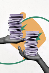 Collage picture of hand hold pile stack book science fiction genre isolated on drawing background