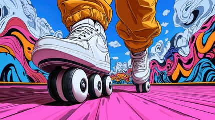 Retro cartoon scene of a vibrant roller skating rink, colorful characters skating, lively atmosphere, nostalgic design elements.