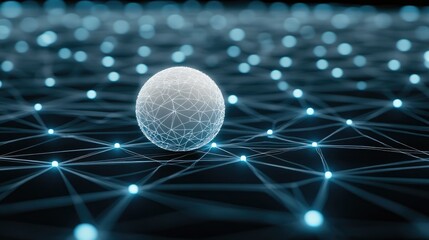 A soccer ball rests on a blurred stadium field, enhanced by blue glowing lines and digital connections, showcasing a modern, technology-driven sporting environment