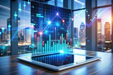 futuristic digital display financial data visualizations on white cover futuristic background neon lights convey cutting-edge technology innovative investment strategies