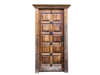 old wooden front door with frame isolated on transparent background