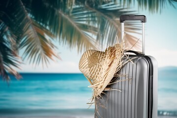 Summer vacation Suitcase at  bright Tropical Beach