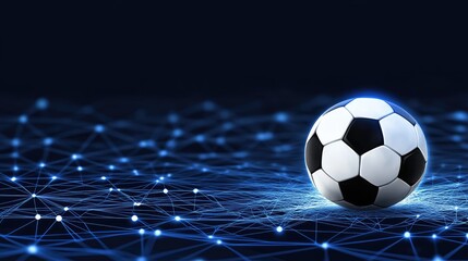 A soccer ball rests on a blurred stadium field, enhanced by blue glowing lines and digital connections, showcasing a modern, technology-driven sporting environment