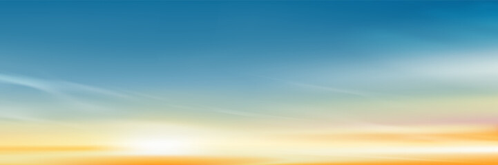 Obraz premium Sunset Sky Background,Sunrise with Yellow and Blue Sky,Nature Landscape Dramtic Golden Hour with twilight Sky in Evening after Sun Dawn,Vector Horizon Banner Sunlight for Four Seasons concept
