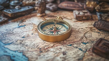 Compass resting on a map of the ancient world, surrounded by relics of history