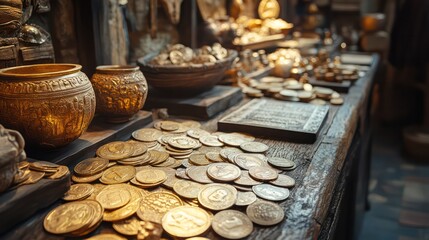 A table full of gold coins and other items